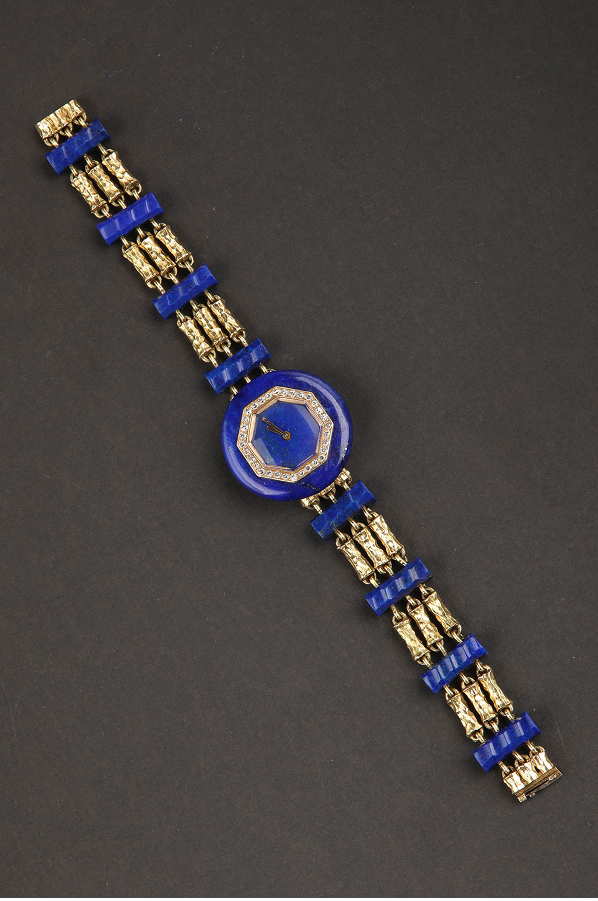 独角鹿西洋古董1950年代法国出品18K黄金镶嵌钻石青金石女士腕表