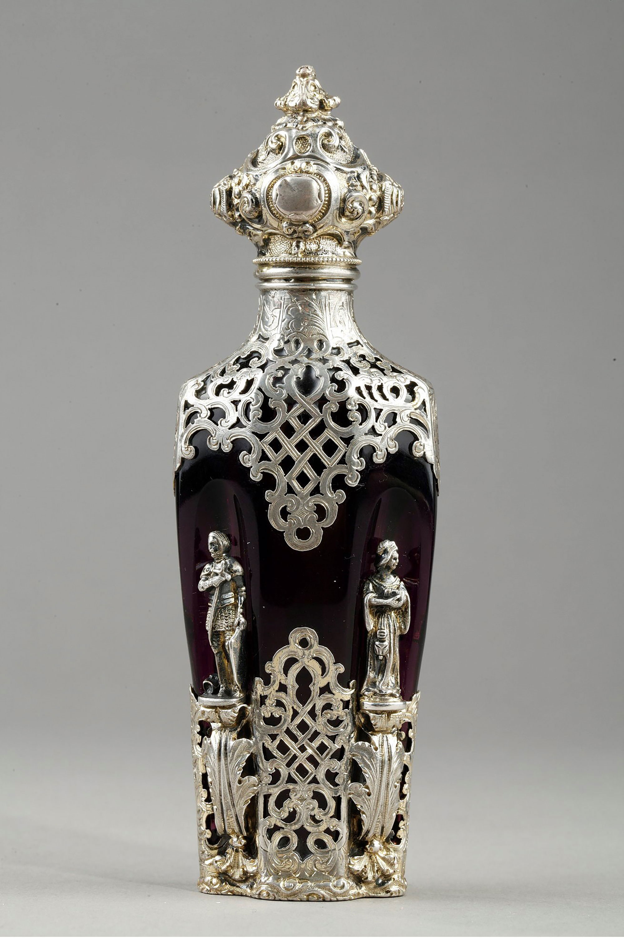 独角鹿西洋古董19 世纪中期法国出品哥特风格纯银精雕镶嵌紫水晶嗅盐瓶/香水瓶