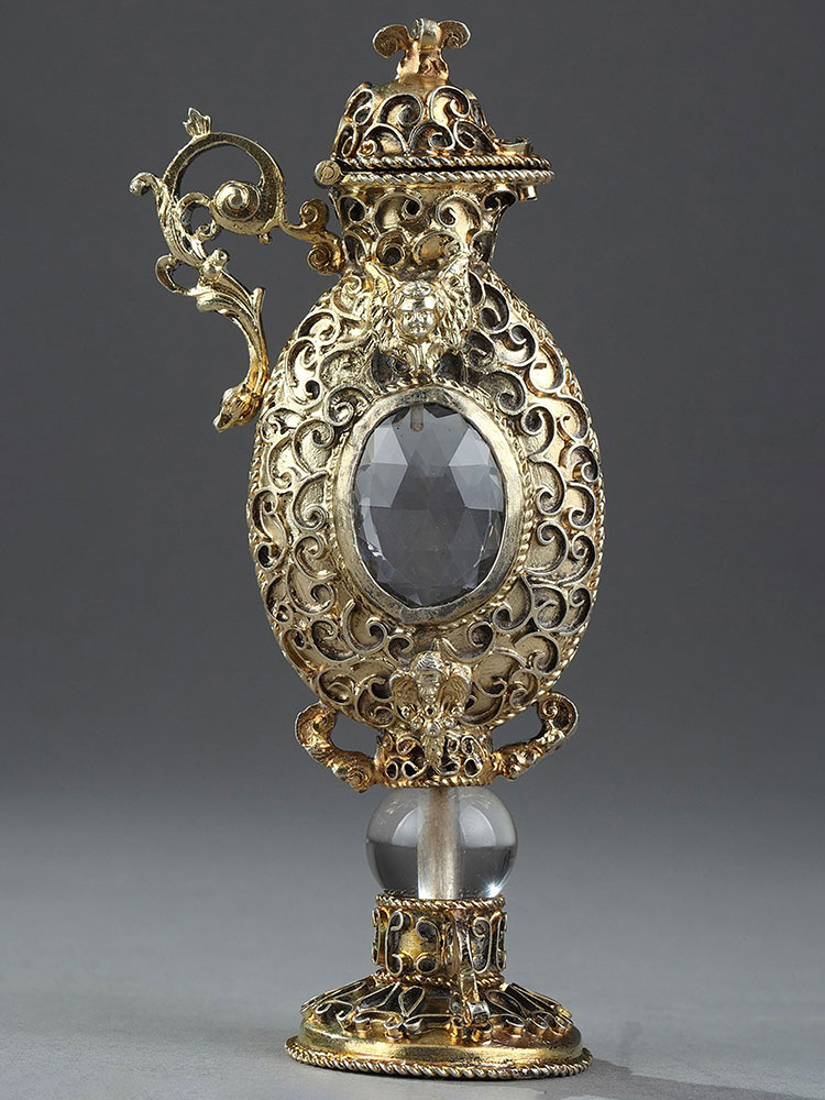 独角鹿西洋古董19世纪法国出品银鎏金精雕装饰水晶嗅盐瓶/香水瓶