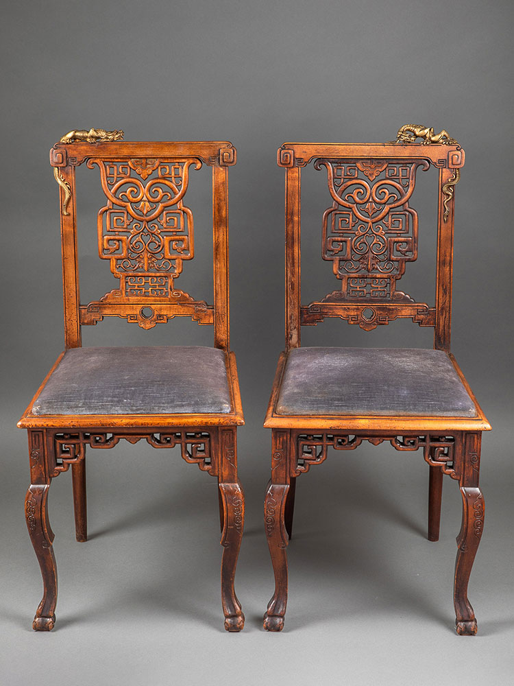 独角鹿西洋古董19世纪法国出品维多东方风格祥纹镂雕蟠龙木鎏金装饰单人椅一对