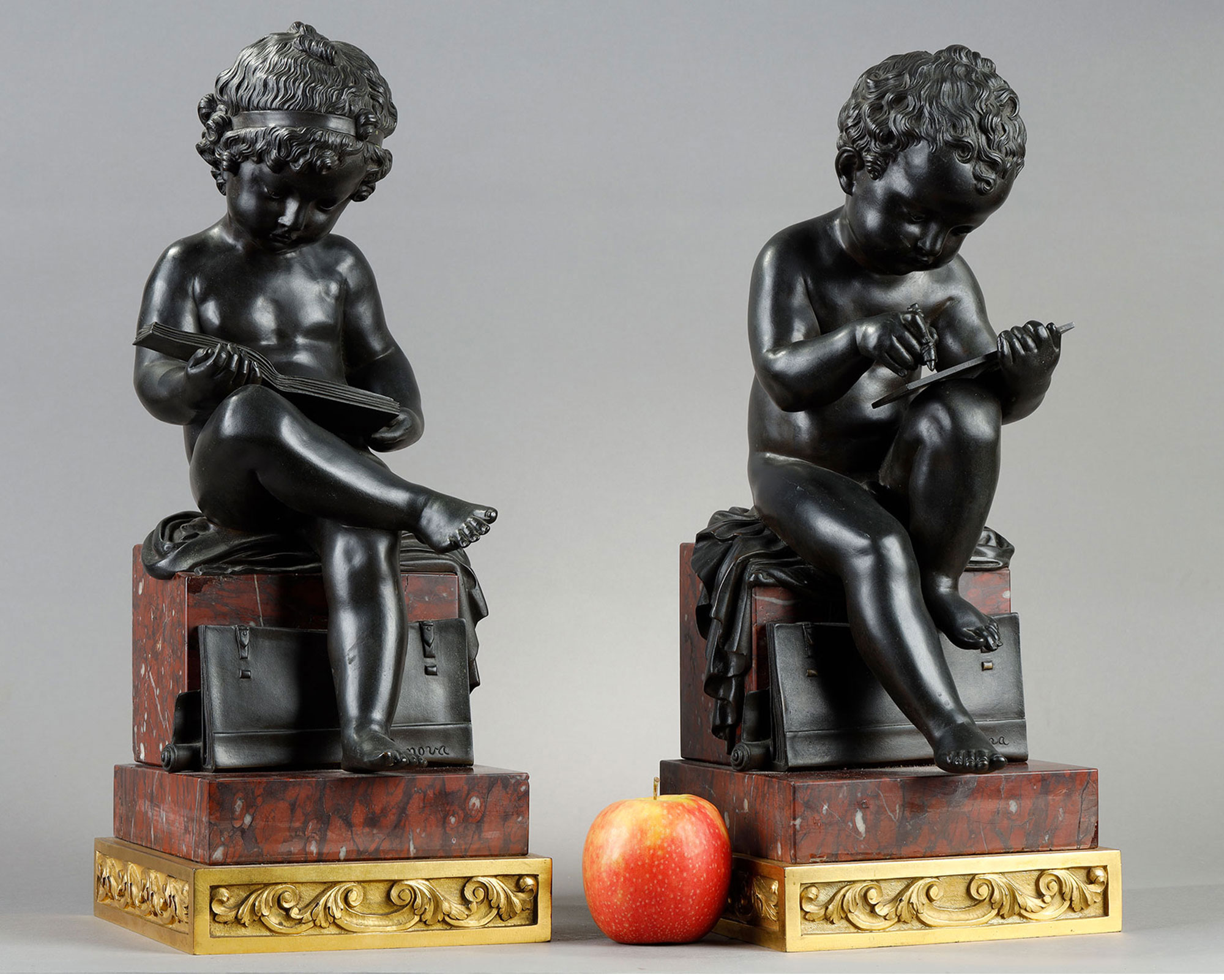 独角鹿西洋古董1900年代意大利出品铜鎏金大理石底座嵌儿童主题青铜雕塑摆件一对