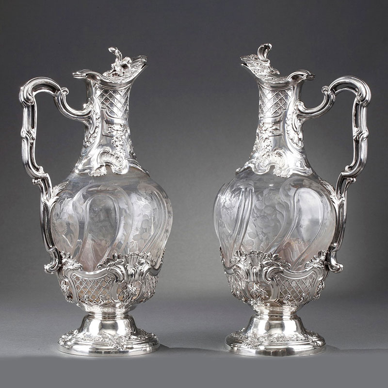 独角鹿西洋古董19世纪晚期法国出品新古典主义风格纯银精雕蚀刻水晶克莱雷酒壶一对