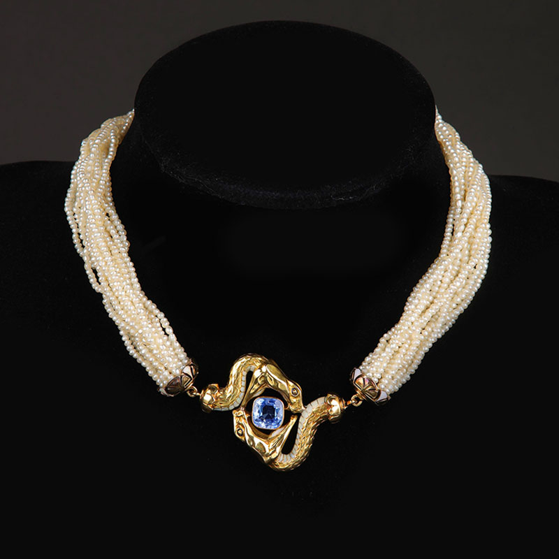 独角鹿西洋古董1920年代法国出品18K黄金镶嵌蓝宝石蛇形珍珠项链