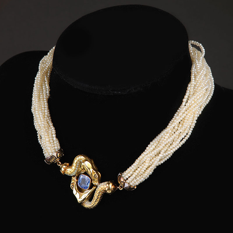 独角鹿西洋古董1920年代法国出品18K黄金镶嵌蓝宝石蛇形珍珠项链