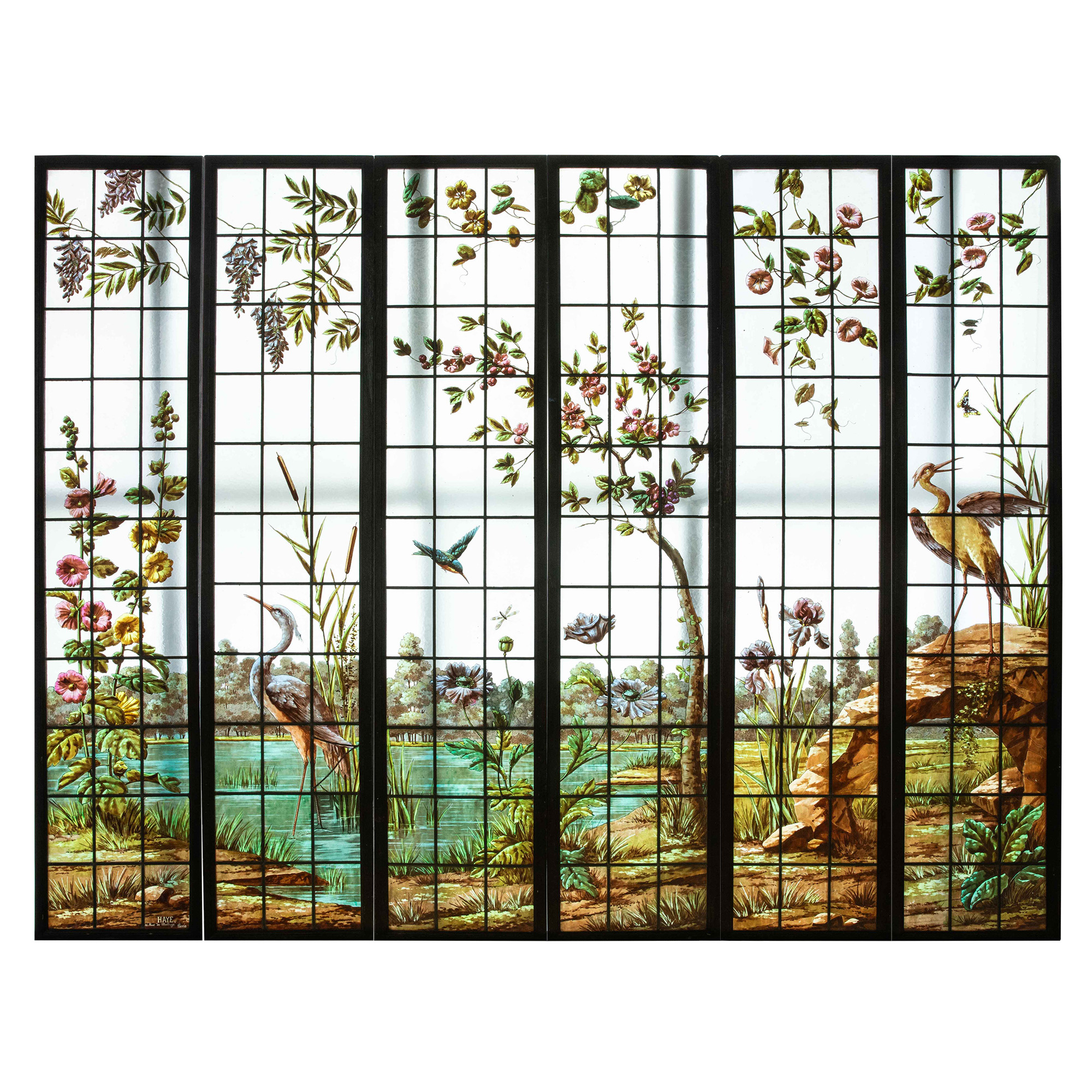独角鹿西洋古董19世纪法国出品新艺术风格湖畔花鸟主题彩绘玻璃花窗六扇