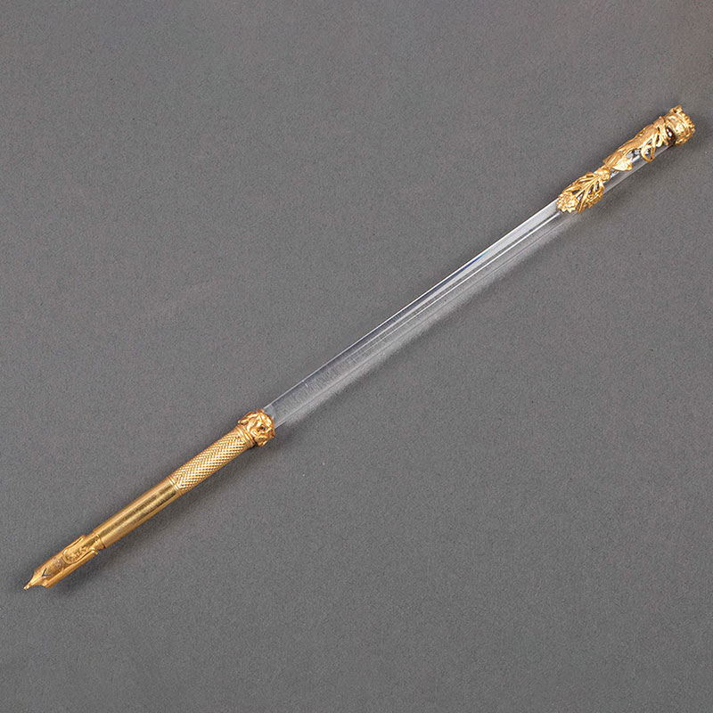 独角鹿西洋古董19世纪法国出品新古典主义风格花卉仙女主题铜鎏金装饰水晶笔杆蘸水钢笔