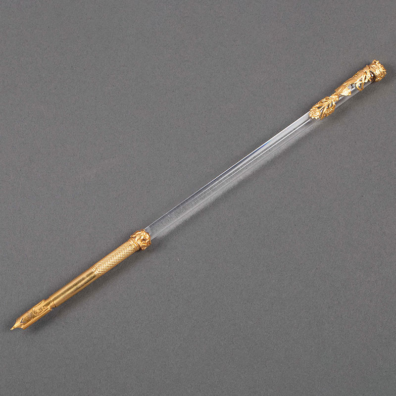 独角鹿西洋古董19世纪法国出品新古典主义风格花卉仙女主题铜鎏金装饰水晶笔杆蘸水钢笔