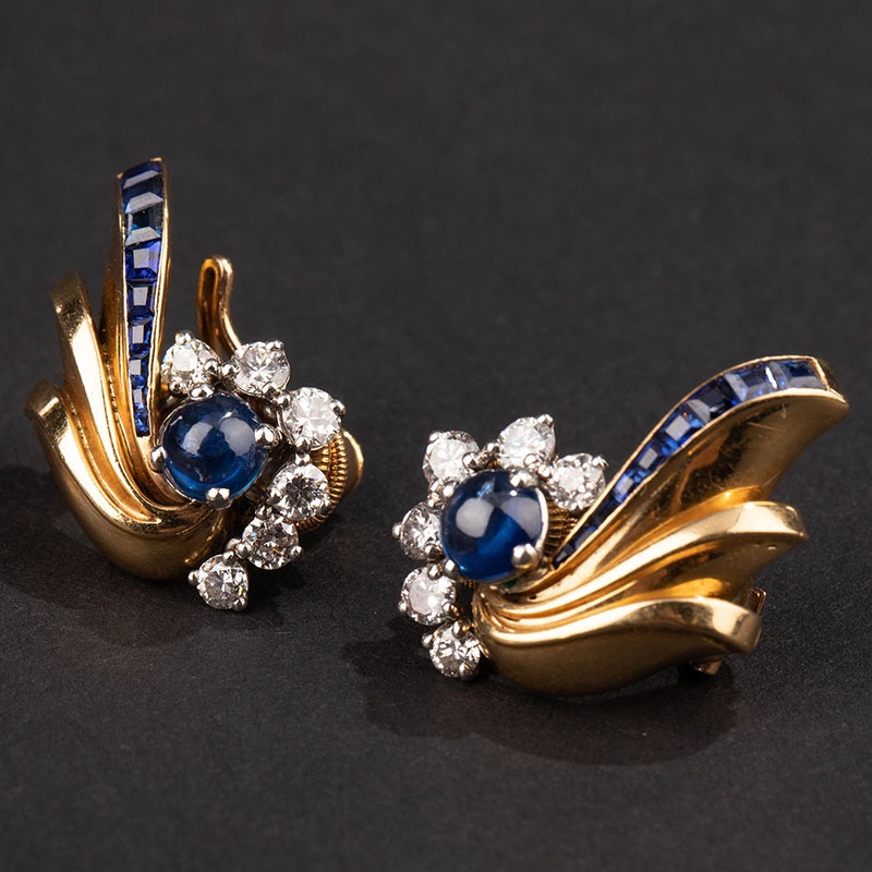 独角鹿西洋古董1940年代法国出品18K黄金铂金镶嵌钻石及蓝宝石耳夹一对
