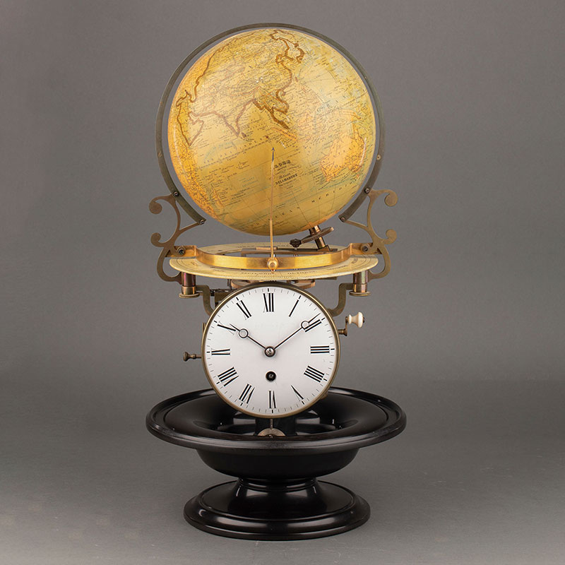独角鹿西洋古董1870年代法国出品铜鎏金珐琅装饰底座地球仪时钟摆件