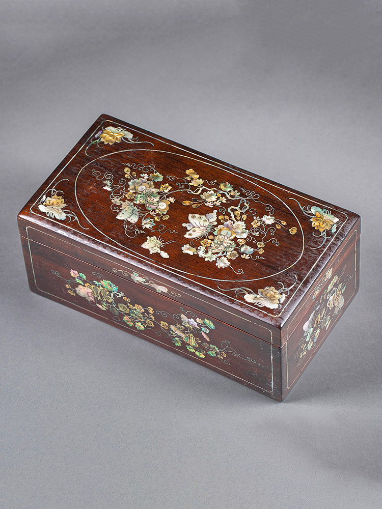 独角鹿西洋古董19世纪下半叶亚洲出品硬木嵌螺钿「瓜瓞绵绵」主题首饰盒