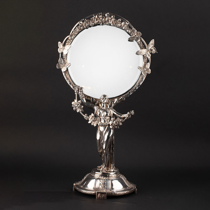 独角鹿西洋古董1900年代欧洲出品新艺术风格蝴蝶与少女主题铜镀银梳妆镜