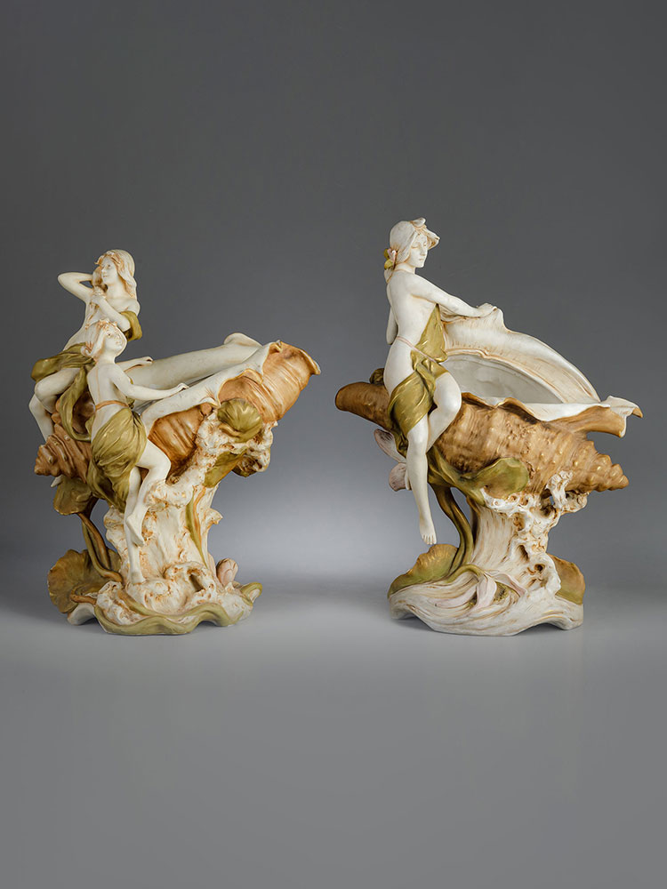 独角鹿西洋古董20世纪早期捷克Royal Dux瓷窑出品新艺术风格「海的女儿」主题陶瓷摆件一对