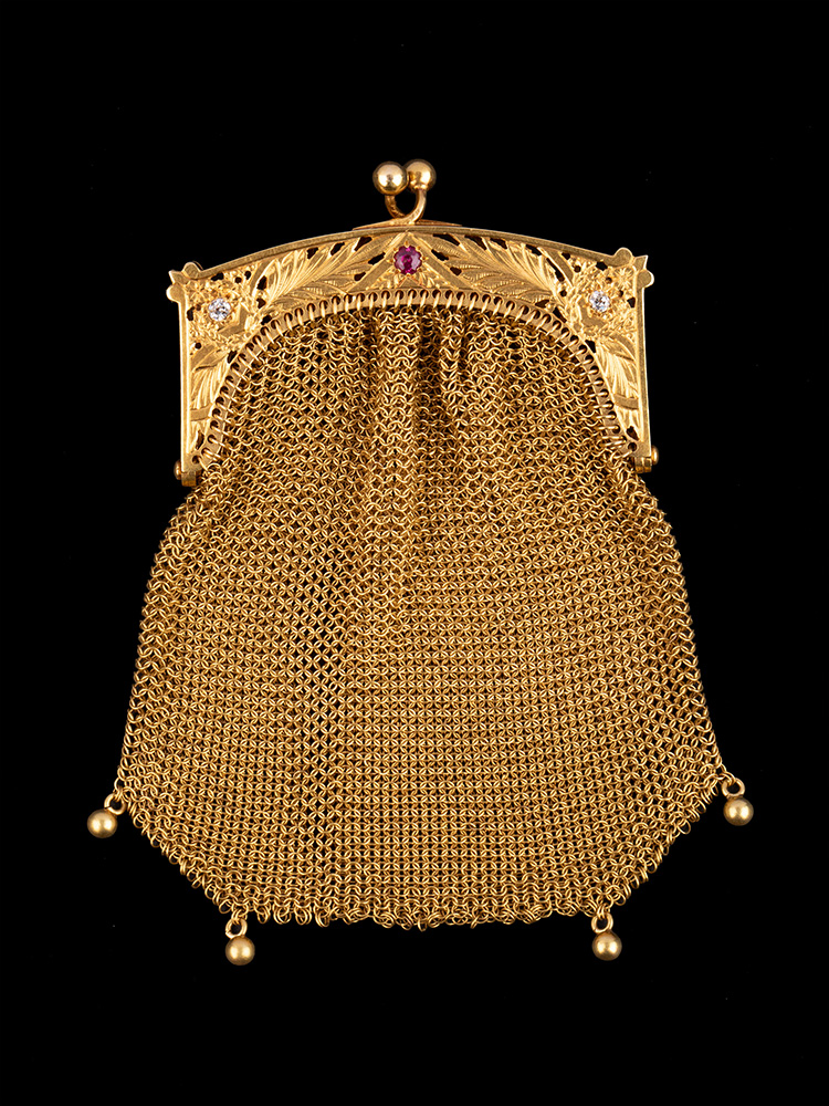 独角鹿西洋古董1870年代法国出品18K黄金网状编织镶嵌红宝石钻石古董女士手包