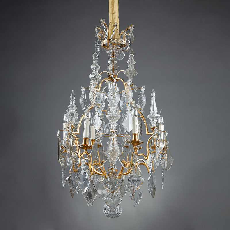 独角鹿西洋古董1880年代法国出品路易十五风格铜鎏金六枝头烛台式水晶吊灯